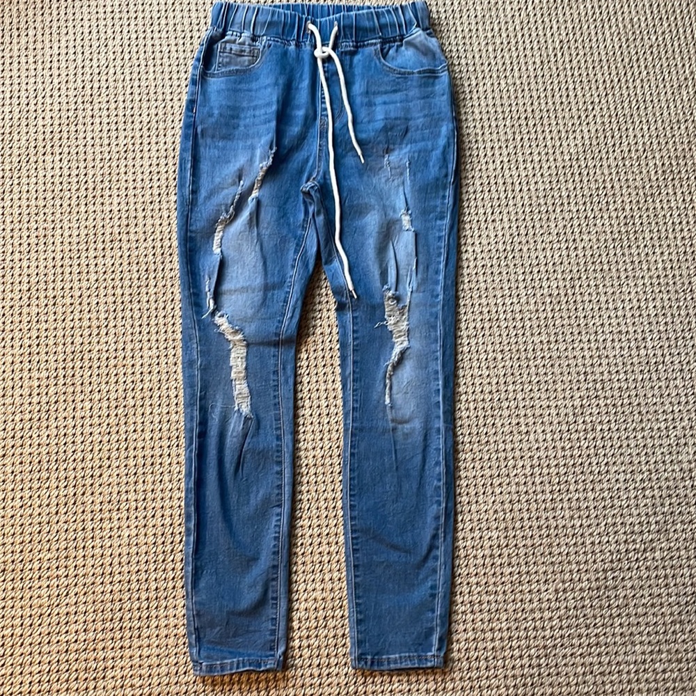 SHEIN Skinny Jeans Pull on Size S/4 Destroyed Drawstring Light Wash